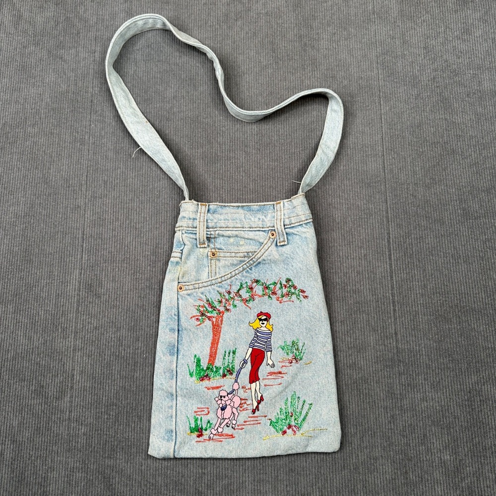Vintage Levis 505 Orange Tab Upcycled Denim Crossbody Bag Poodle Embroidery Blue